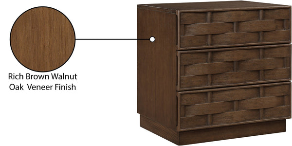 Meridian Furniture Weave Art Deco Oak Veneer Nightstand with Sculptural Lattice Texture for Modern Bedroom Storage Brown 317Brown-NS
