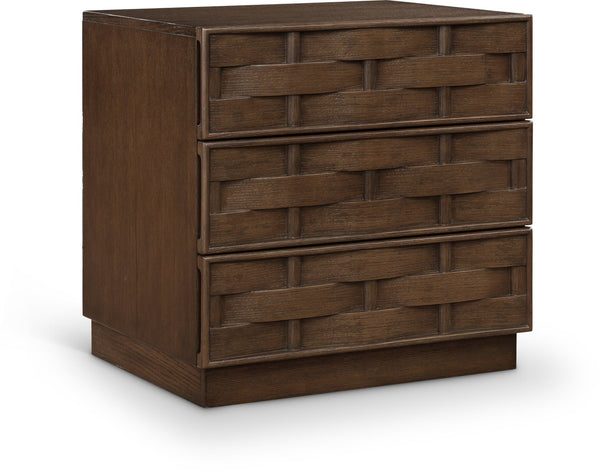 Meridian Furniture Weave Art Deco Oak Veneer Nightstand with Sculptural Lattice Texture for Modern Bedroom Storage Brown 317Brown-NS