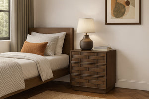 Meridian Furniture Weave Art Deco Oak Veneer Nightstand with Sculptural Lattice Texture for Modern Bedroom Storage Brown 317Brown-NS