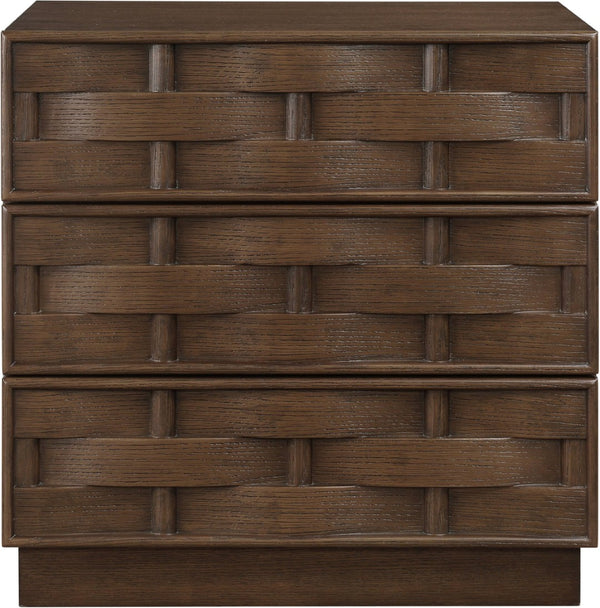 Meridian Furniture Weave Art Deco Oak Veneer Nightstand with Sculptural Lattice Texture for Modern Bedroom Storage Brown 317Brown-NS