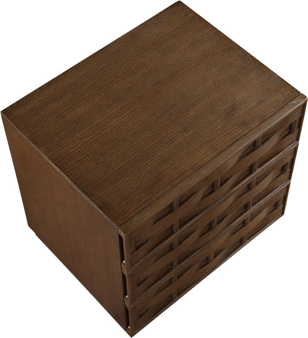 Meridian Furniture Weave Art Deco Oak Veneer Nightstand with Sculptural Lattice Texture for Modern Bedroom Storage Brown 317Brown-NS