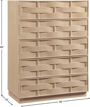 Meridian Furniture Weave Oak Veneer Art Deco Chest with Sculptural Relief Drawer Fronts for Bedroom Storage Natural 317Natural-CH