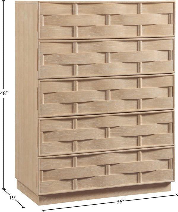 Meridian Furniture Weave Oak Veneer Art Deco Chest with Sculptural Relief Drawer Fronts for Bedroom Storage Natural 317Natural-CH
