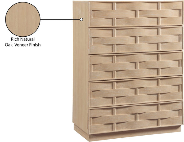 Meridian Furniture Weave Oak Veneer Art Deco Chest with Sculptural Relief Drawer Fronts for Bedroom Storage Natural 317Natural-CH