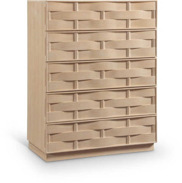 Meridian Furniture Weave Oak Veneer Art Deco Chest with Sculptural Relief Drawer Fronts for Bedroom Storage Natural 317Natural-CH