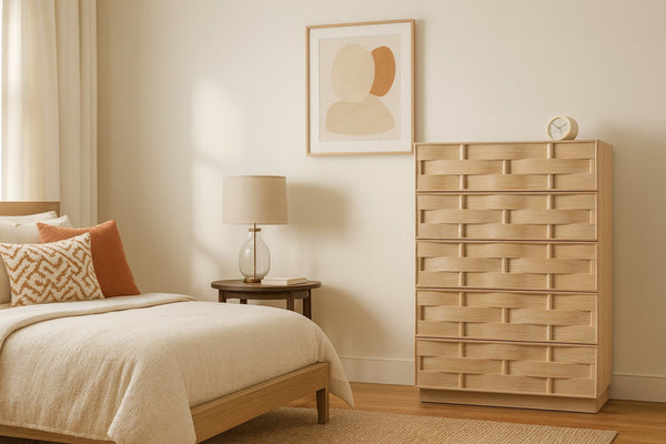 Meridian Furniture Weave Oak Veneer Art Deco Chest with Sculptural Relief Drawer Fronts for Bedroom Storage Natural 317Natural-CH