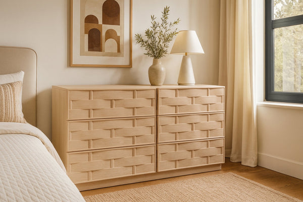 Meridian Furniture Weave Oak Veneer Dresser with Art Deco Woven Relief Texture for Bold Bedroom Storage Natural 317Natural-D