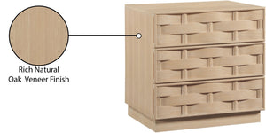 Meridian Furniture Weave Art Deco Oak Veneer Nightstand with Sculptural Lattice Texture for Modern Bedroom Storage Natural 317Natural-NS