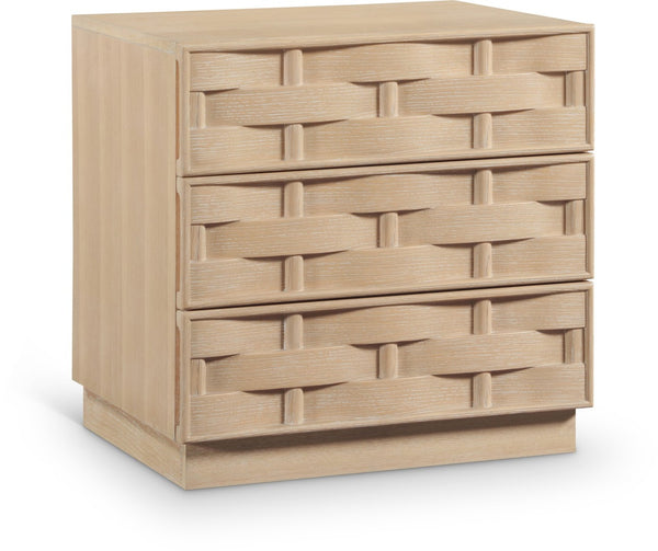 Meridian Furniture Weave Art Deco Oak Veneer Nightstand with Sculptural Lattice Texture for Modern Bedroom Storage Natural 317Natural-NS
