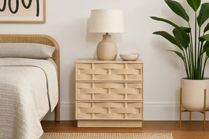 Meridian Furniture Weave Art Deco Oak Veneer Nightstand with Sculptural Lattice Texture for Modern Bedroom Storage Natural 317Natural-NS