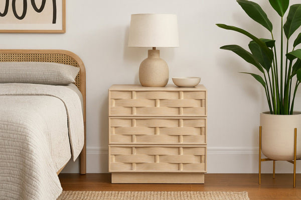 Meridian Furniture Weave Art Deco Oak Veneer Nightstand with Sculptural Lattice Texture for Modern Bedroom Storage Natural 317Natural-NS