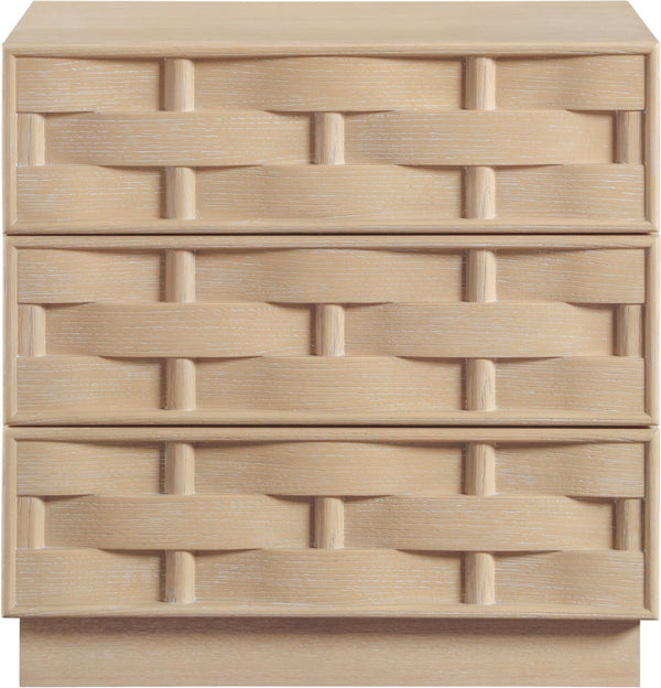 Meridian Furniture Weave Art Deco Oak Veneer Nightstand with Sculptural Lattice Texture for Modern Bedroom Storage Natural 317Natural-NS