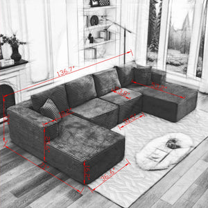 English Elm 106" Cloud Sectional Couch - Modern Double Chaise Sofa In Black Plush Corduroy, No Assembly Needed! W1143S00030