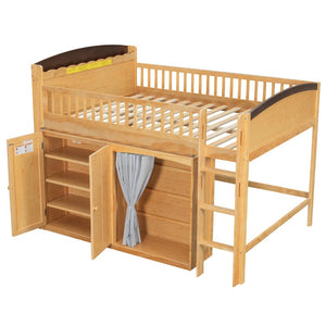 English Elm Twin Loft Bed with Wardrobe Cabinet Led Lighting and Pine Frame for Kids Rooms Wood N7090002236M