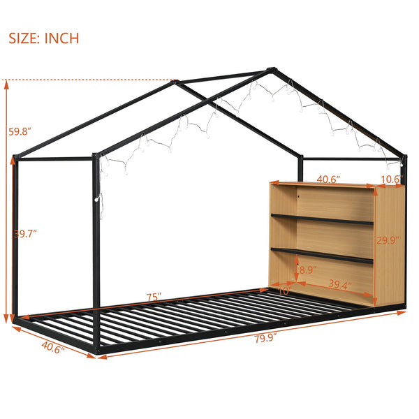 English Elm Twin House Bed Frame with Shelves & Built-In Lights, Metal-Wood Design for Creative Kids' Rooms Black N737P176708B