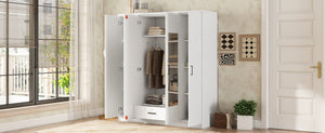 English Elm 4-door Mirrored Wardrobe White Mdf Armoire with Interior Shelves and Lockable Drawer LP006602AAK