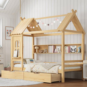 English Elm Twin House Platform Bed with Drawers & Shelves, Solid Wood Playhouse Frame for Kids, Cozy Design Natural W1580S00266