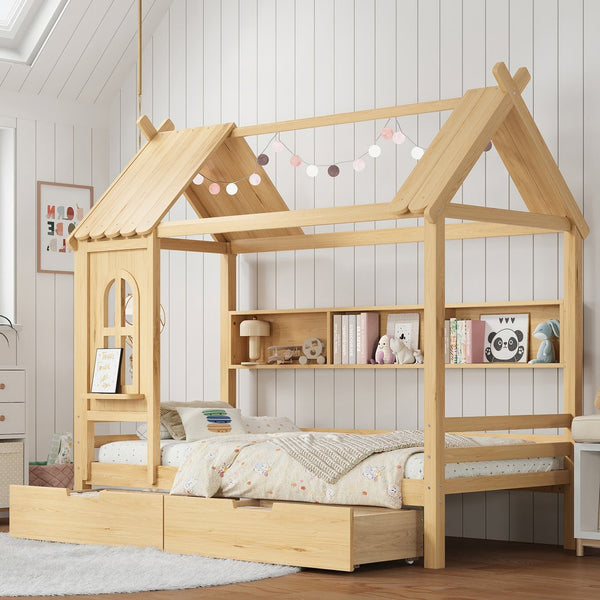 English Elm Twin House Platform Bed with Drawers & Shelves, Solid Wood Playhouse Frame for Kids, Cozy Design Natural W1580S00266