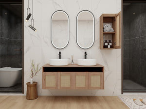 English Elm 48" Floating Bathroom Vanity Oak Finish Dual Ceramic Sinks Four Soft Close Doors W999S00498