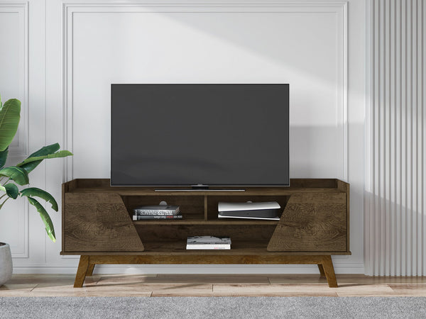English Elm Marcus 63" TV Stand with Soft-Close Doors and Cable Management, Sturdy MDF Frame & Pine Legs Rustic Brown B365P397920