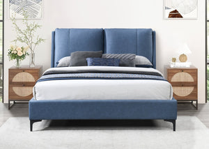 English Elm Upholstered Plush Queen Bed with Padded Headboard and Platform Base, 100% Polyester Luxury Finish Blue 96.5 L x 13.5 W x 9 H B2699S00038