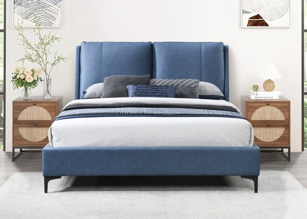 English Elm Upholstered Plush Queen Bed with Padded Headboard and Platform Base, 100% Polyester Luxury Finish Blue 96.5 L x 13.5 W x 9 H B2699S00038