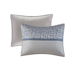 English Elm 6 Piece Reversible Jacquard Quilt Set Navy Grey Striped Chic King/Cal King with 3 Embroidered Pillows B03597590