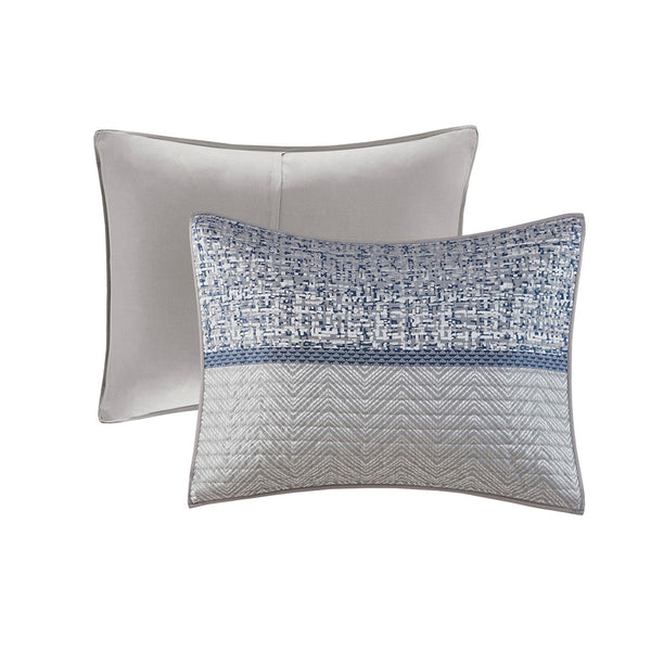 English Elm 6 Piece Reversible Jacquard Quilt Set Navy Grey Striped Chic King/Cal King with 3 Embroidered Pillows B03597590