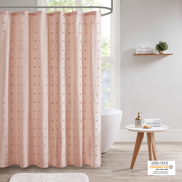 JLA Home Urban Habitat - Cotton Yarn-Dyed Jacquard Shower Curtain with Pom-Pom Tufts, OEKO-TEX Soft Texture, Machine Washable Pink UH70-2242