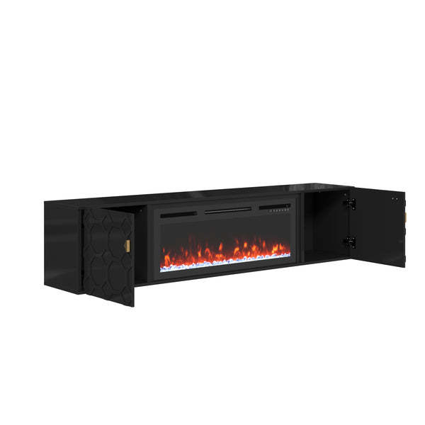 English Elm 67 in. Black Media TV Stand with High Gloss Honeycomb Doors, Gold Handles, Modern Storage Elegance T3609P347458