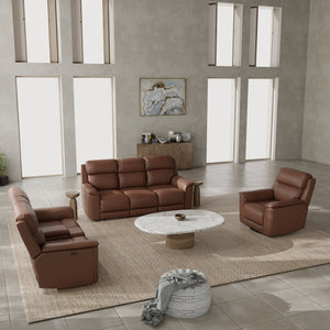 English Elm Oslo Genuine Leather Power Reclining Sofa Set with Usb Charging and Swivel Glider Pecan B339S00005