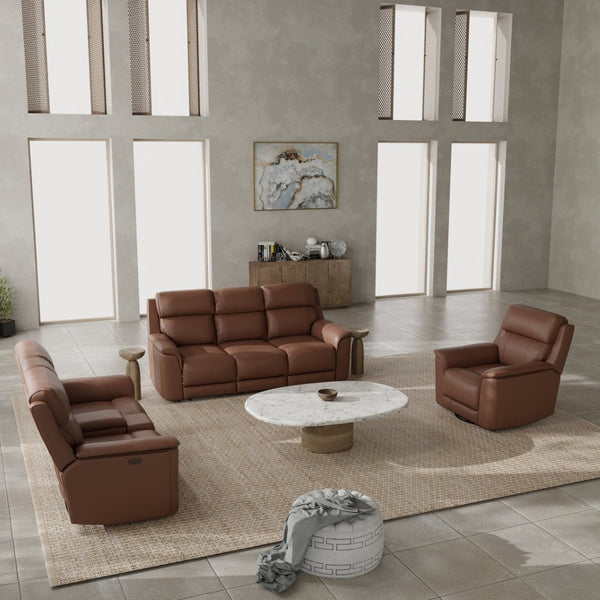 English Elm Oslo Genuine Leather Power Reclining Sofa Set with Usb Charging and Swivel Glider Pecan B339S00005