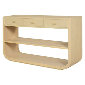 English Elm [video] Sculptural Console Table Pine Wood Curved Legs Soft-close Drawers Open Shelving Entryway Natural N759P433560N