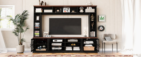 English Elm 95.5" Modern Farmhouse Wall Unit Mdf Bookshelf with Tempered Glass Cabinet Doors Black SJ000161AAB