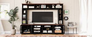 English Elm 95.5" Wide Modern Farmhouse Wall Unit with Tempered Glass Cabinets and Bookshelf Storage Black SJ000157AAB