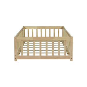 English Elm Twin Rubberwood Montessori Floor Bed with Safety Guardrails for Toddler Bedrooms W504P370521