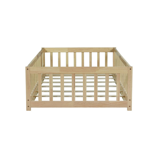 English Elm Twin Rubberwood Montessori Floor Bed with Safety Guardrails for Toddler Bedrooms W504P370521