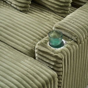 English Elm Green corduroy single sofa with ottoman storage, built-in armrest compartments, removable covers, 57"x41" W1658S00136