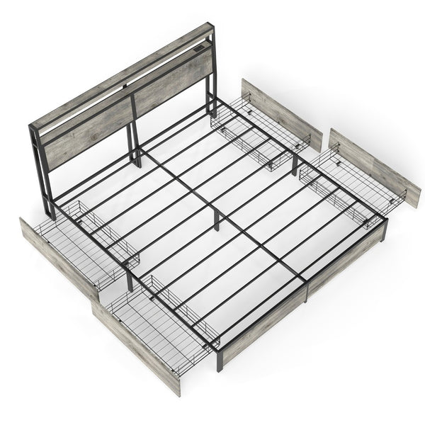 English Elm Queen Metal Platform Bed with Rgb Led Headboard Charging Station and Underbed Storage T3963P482853
