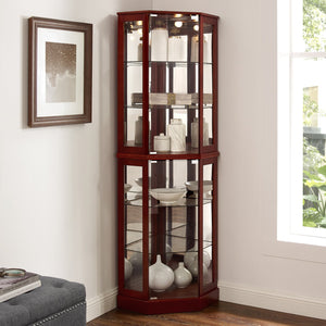 English Elm 6 Shelf Corner Curio Cabinet with Interior Lighting, Mirrored Back, Glass Shelves for Displays Cherry W1693P165027