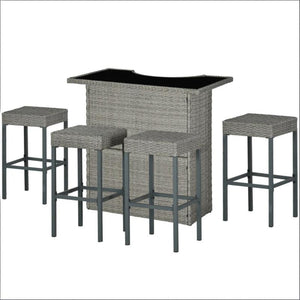 English Elm Bar Height Outdoor Wicker Patio Set with Tempered Glass Table and Four Stools T3971S00194