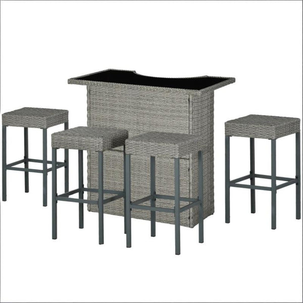 English Elm Bar Height Outdoor Wicker Patio Set with Tempered Glass Table and Four Stools T3971S00194