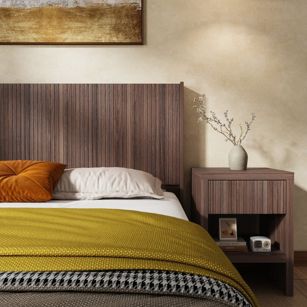 English Elm Wood Fluted Wingback Queen Headboard Wall Mounted Walnut Farmhouse Bedroom Accent W3520P327613