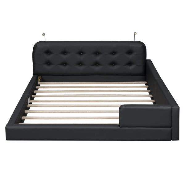 English Elm Queen PU Leather Upholstered Platform Bed with Built-In Dual Reading Lights and Sturdy 600lb Capacity Black SF000186AAB