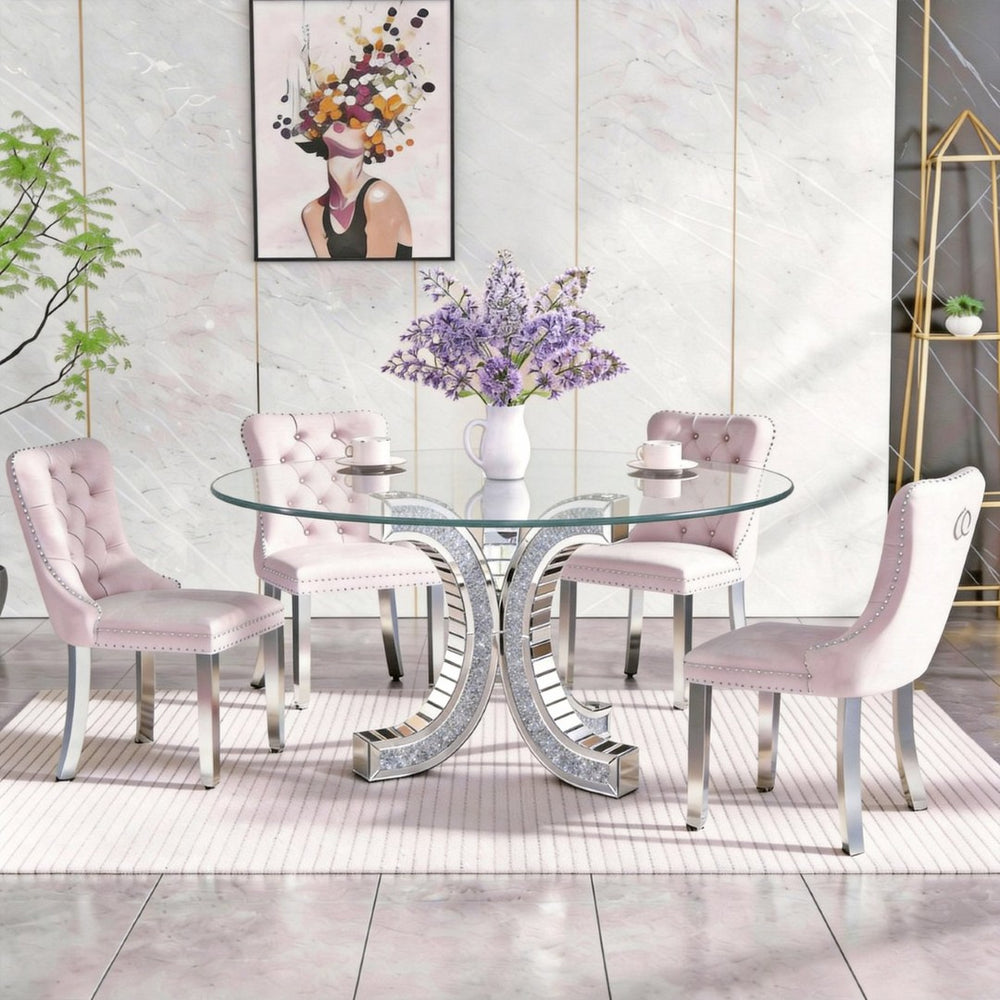 English Elm Dining Table Round Tempered Glass Top Mirrored Crushed Diamond Pedestal Glam Luxury W3836S00002