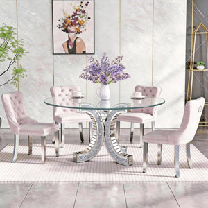 English Elm Dining Table Round Tempered Glass Top Mirrored Crushed Diamond Pedestal Glam Luxury W3836S00002