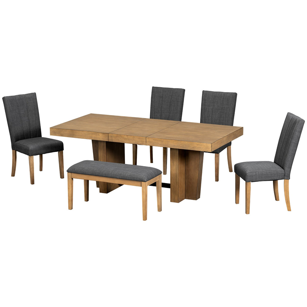 English Elm TOPMAX Solid Wood Extendable Dining Table Set for 6 with 18" Leaf, Trestle Legs, Cushioned Bench & Chairs Gray SP000089AAE