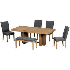 English Elm TOPMAX Solid Wood Extendable Dining Table Set for 6 with 18" Leaf, Trestle Legs, Cushioned Bench & Chairs Gray SP000089AAE