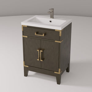 English Elm Brown Oak Single Bath Vanity with Acrylic Top, Chrome Gooseneck Faucet, Soft-Close Cabinet Storage Durable Finish 24"W x 18"D B2731P259742