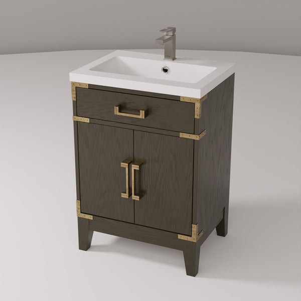 English Elm Brown Oak Single Bath Vanity with Acrylic Top, Chrome Gooseneck Faucet, Soft-Close Cabinet Storage Durable Finish 24"W x 18"D B2731P259742